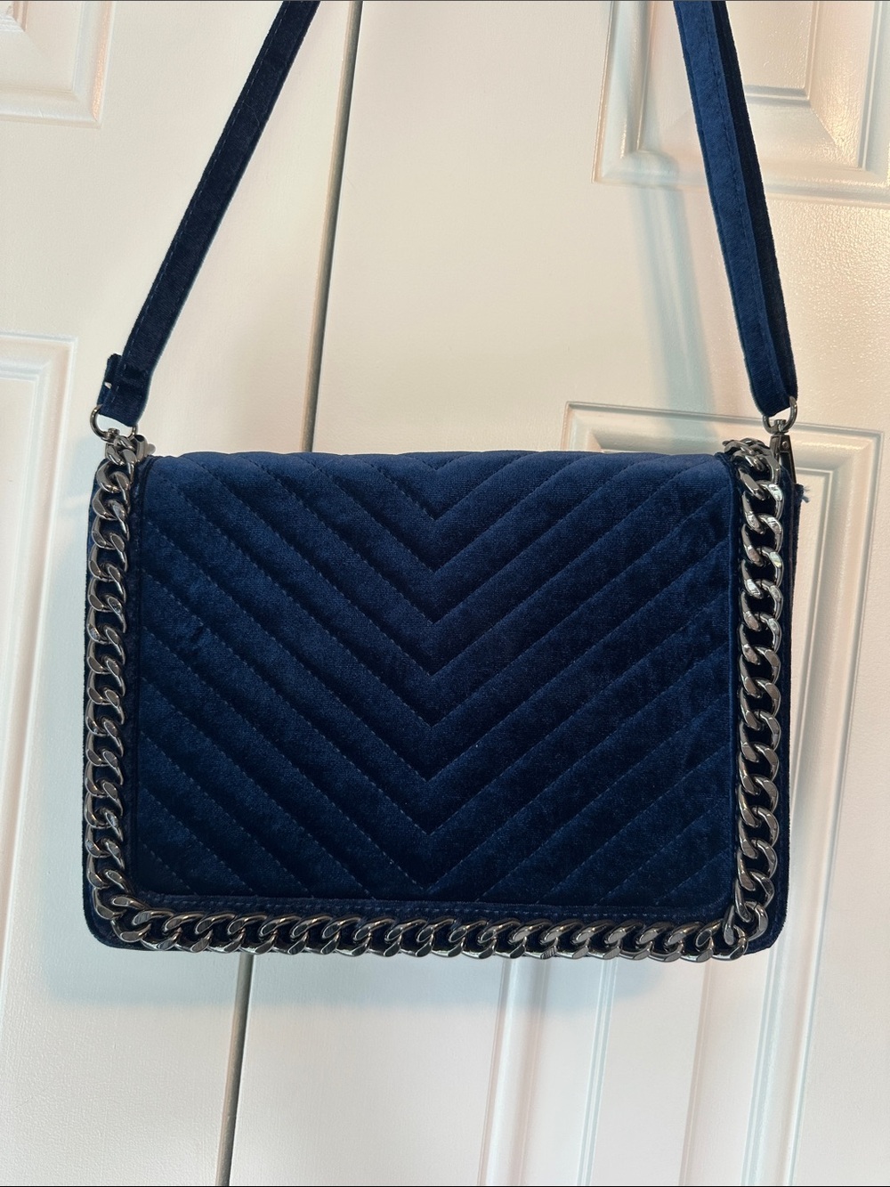 Aldo Quilted Chevron Crossbody Bag - Navy with Silver Chain